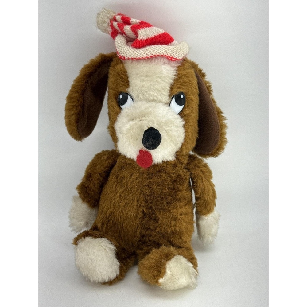 GIFTCO INC. Dog Plush Toy Brown Striped Knit Hat Retro Animals Soft Cuddly Kids
